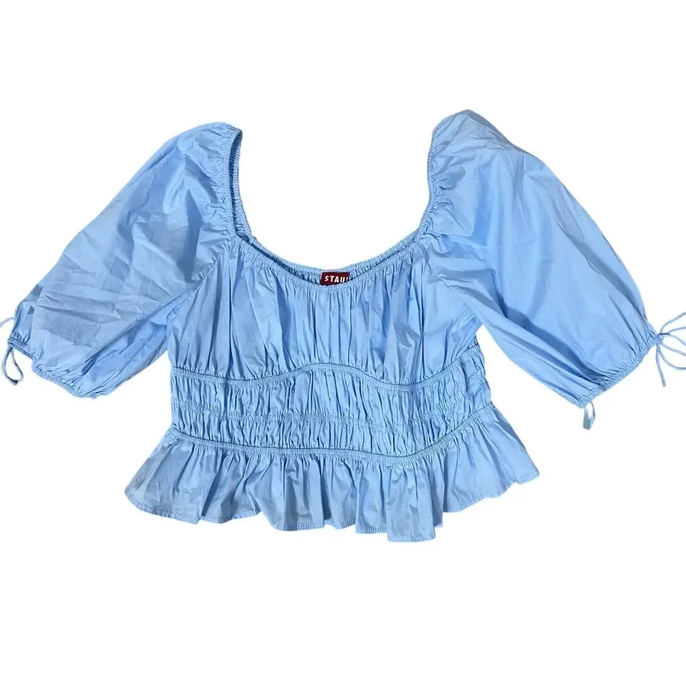STAUD Blouse Light Blue Faye Gathered Puff-Sleeve Cotton Stretch New